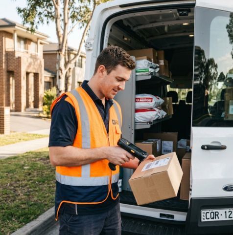 Homepage - Courier scanning a parcel at a delivery van-1
