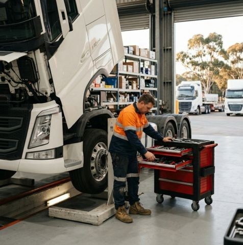 Homepage - Prime mover on a hoist in a heavy-vehicle workshop-1